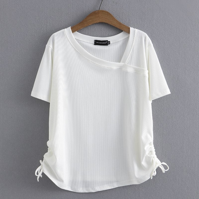 Summer Basic T-Shirt Women Skew Collar Tees Short Sleeve Drawstring On Both Sides Tops Curve Clothes