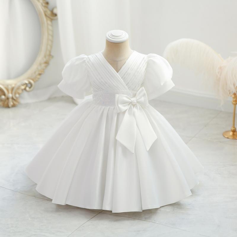 Kids Flower Girl Dress for Weddings Infant Bowknot Ruched Ball Gowns Baby Girls 1st Birthday Ceremonial Pageant Party