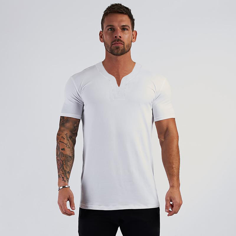 Summer V neck Short Sleeve Men T shirt Slim Fit t-shirt Men Skinny Casual Gym Clothing Fitness