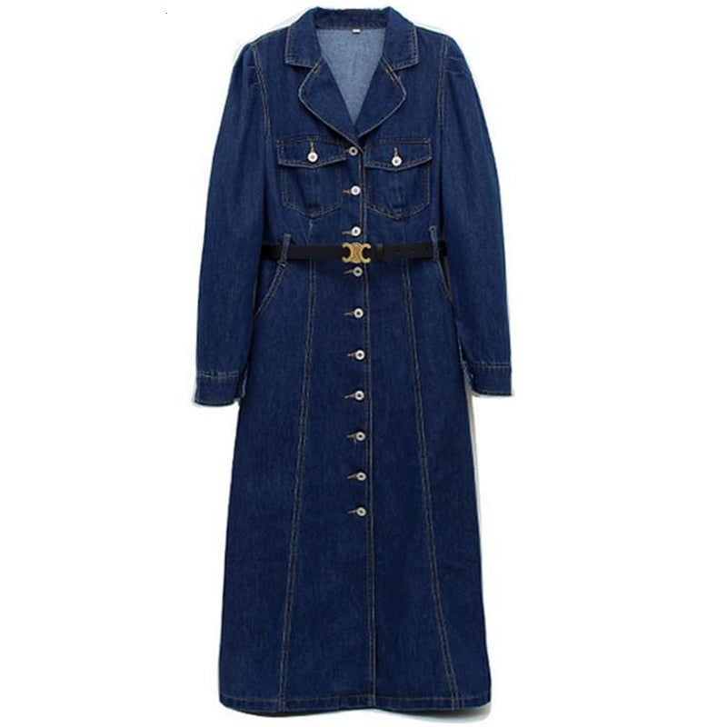 Vintage Blue Denim Dress Women Spring Turn-down Collar Long Dress Female Single Breasted Belt Jeans Ladies A-Line Dress