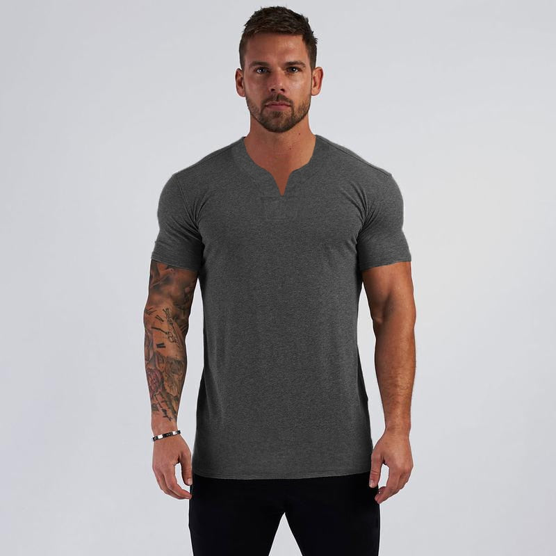 Summer V neck Short Sleeve Men T shirt Slim Fit t-shirt Men Skinny Casual Gym Clothing Fitness