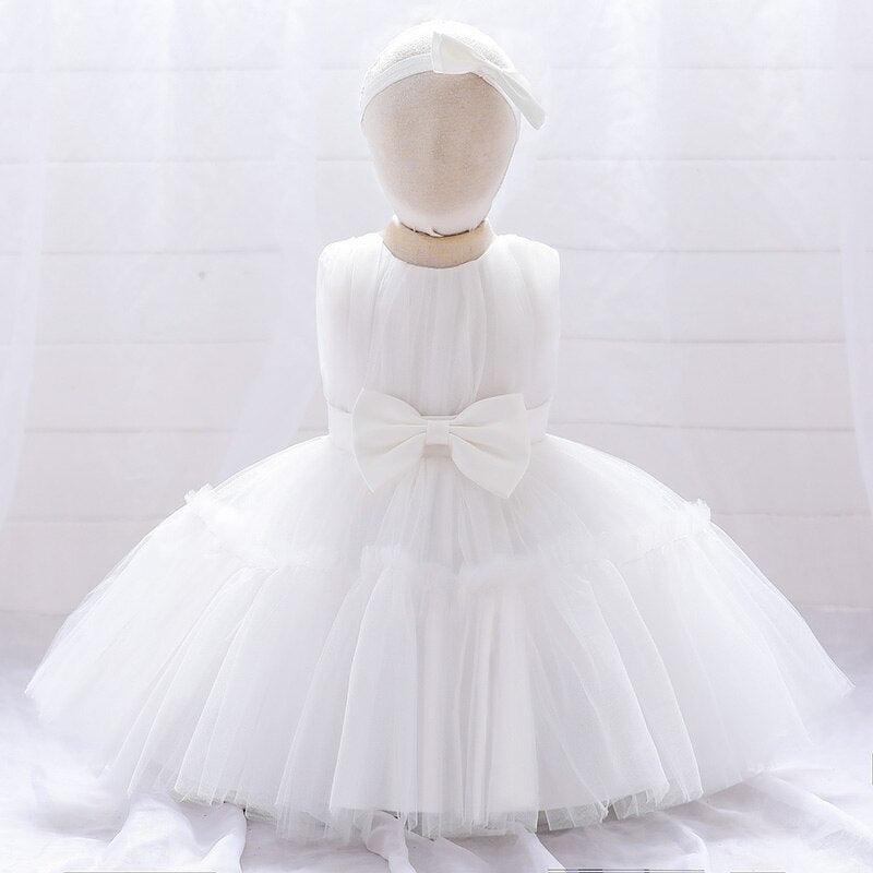 Wedding Party Baptism Prom Kids Clothes Pink White Toddler Lace Bow Dress Baby Girls Christening