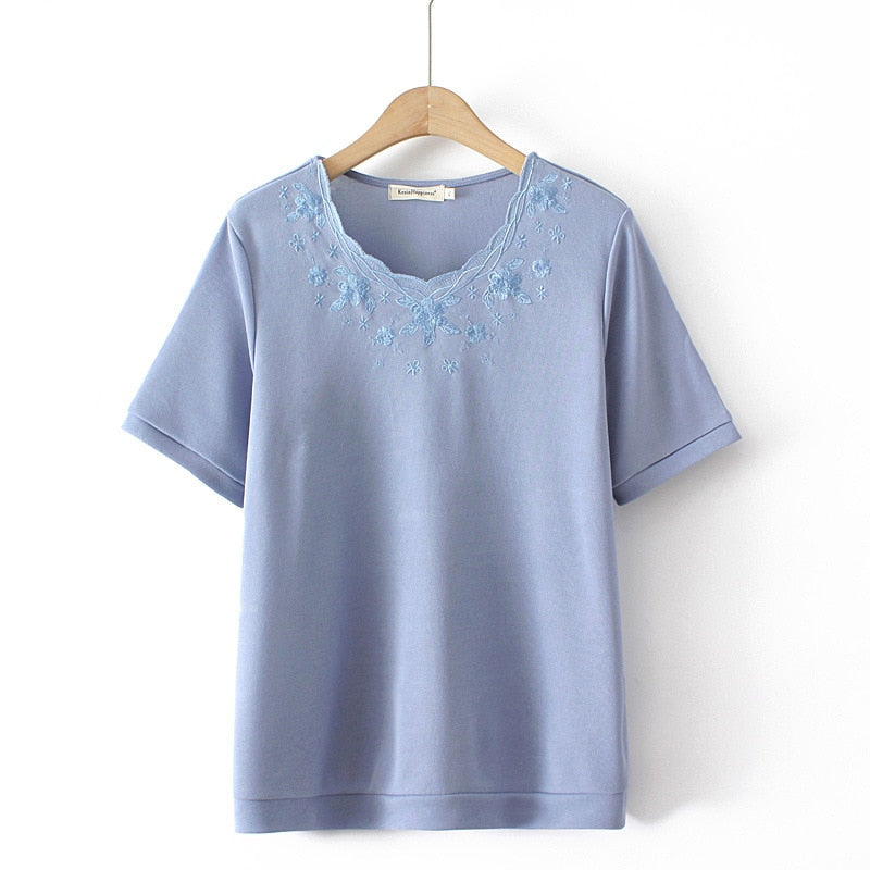 Women Clothing Fashion Embroidered Ice Silk Knitting Tops Loose And Casual Curve Tees Summer