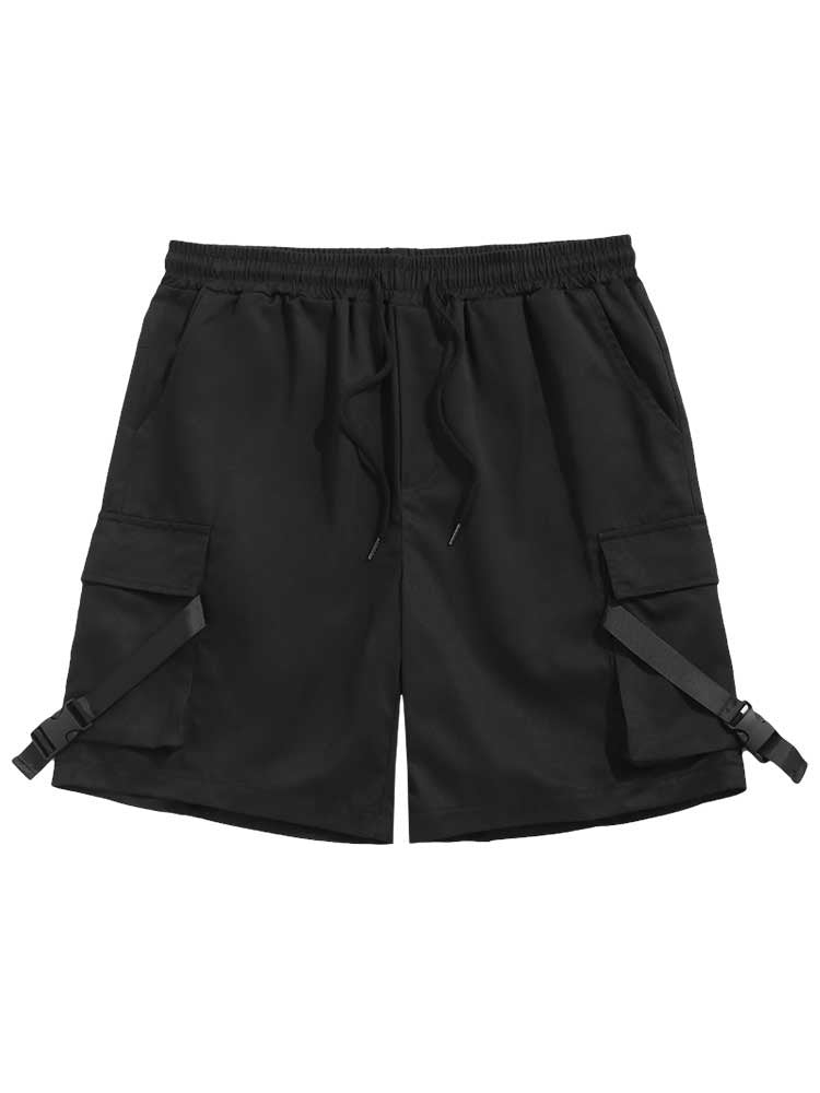 Men Solid Mid-waist Drawstring Shorts Buckle Strap Summer Streetwear Multi-pocket Cargo Shorts