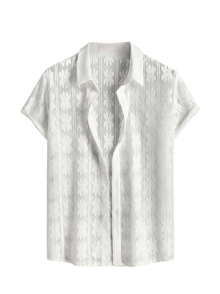 Cotton Shirts for Men Floral Openwork Sheer Short Sleeves Shirt Summer See-Through Streetwear Thin Trendy Tops