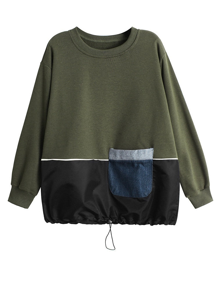 Women Army Green Pocket Casual T-shirt Round Neck Long Sleeve Tide Spring Autumn