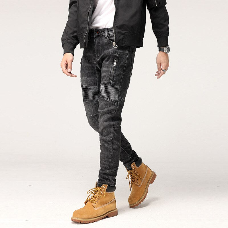 Men Autumn and Winter High Quality Mid Rise Small Feet Jeans Elastic Slim Straight Motorcycle Pants