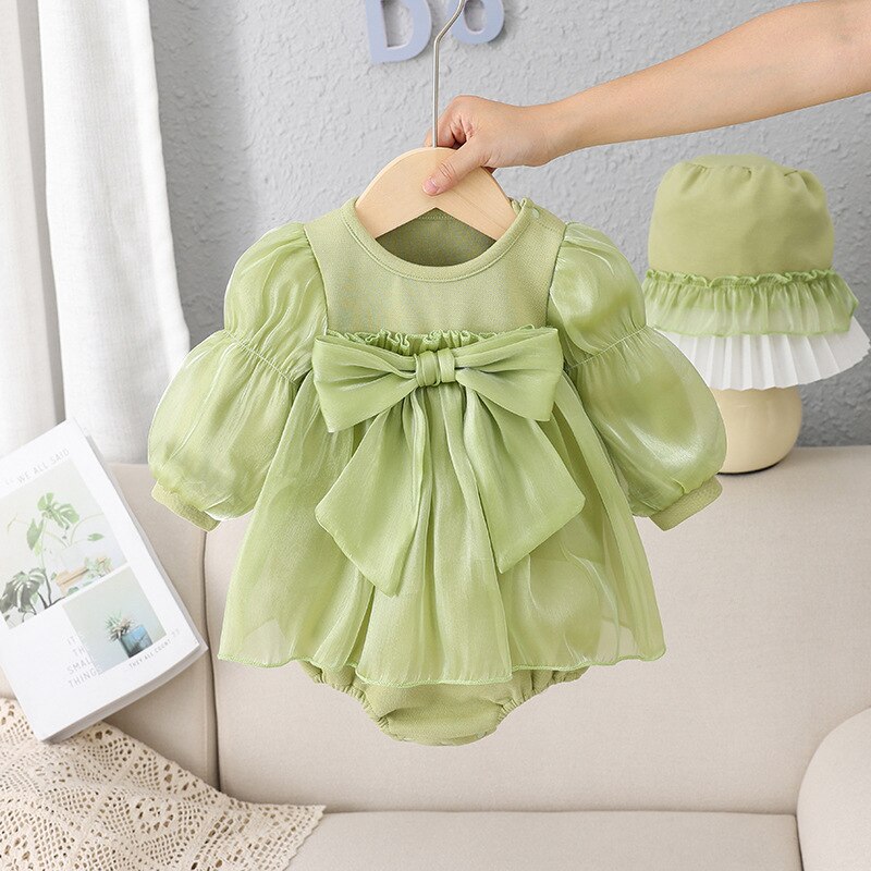 Spring and Autumn Children Clothing Newborn Baby Clothes Baby Girl One-Pieces Green Bow Kids Triangle Romper Infant Bodysuits