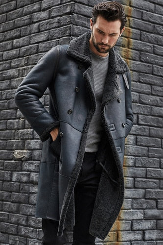 Mens Dark Blue Long Shearling Coat Lapel Double Breasted Thickened Winter Genuine Leather Jacket Real Overcoat