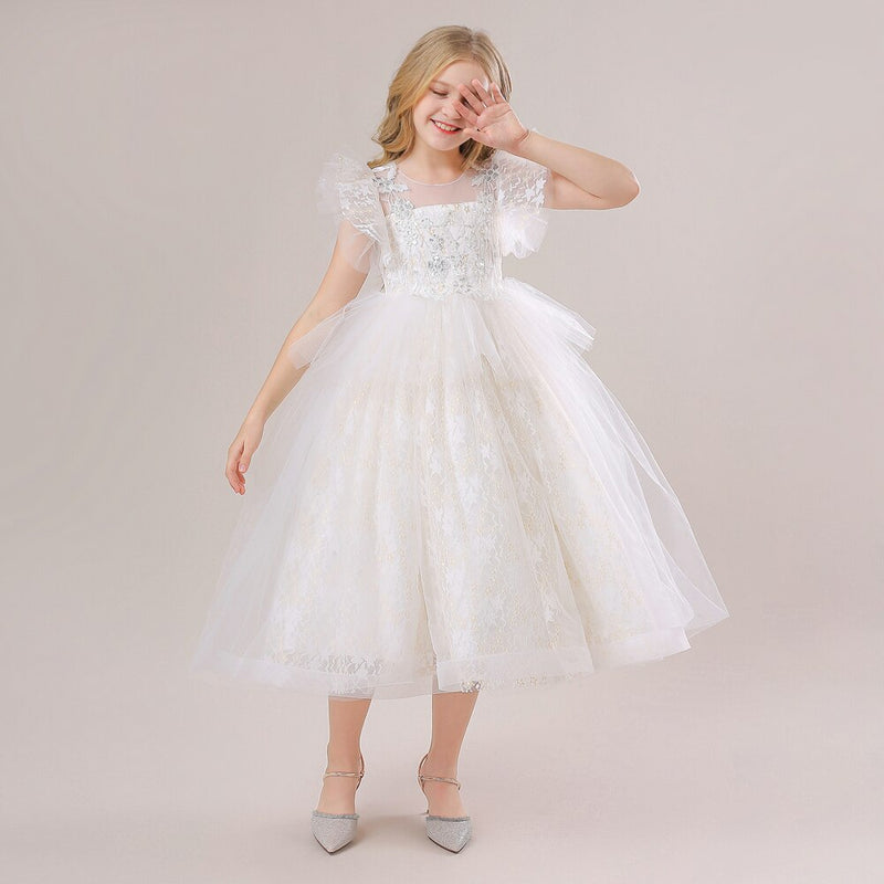 Girls Princess Bridesmaid Dress For Wedding Lace Flower Appliques Ball Gown Kids White Clothes Elegant Party Costumes