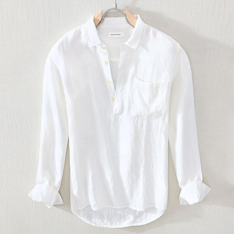 Linen Polo Shirt Spring Fall High Quality Long Sleeve Lapel Blouse Solid Business Casual Loose Classic Tee