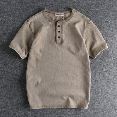 Summer Henry collar short sleeve t-shirt men cotton youth solid half sleeve top wear