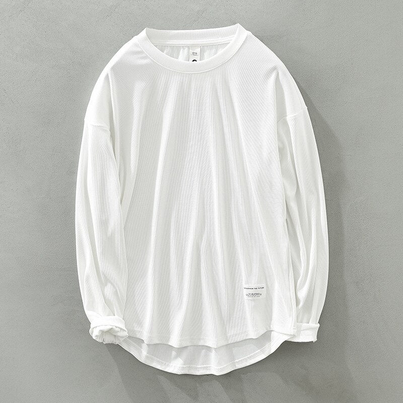 Autumn Men Solid White T-shirt Teens Simple Casual Loose Long Sleeve O-neck Pullover Soft Tops Tee