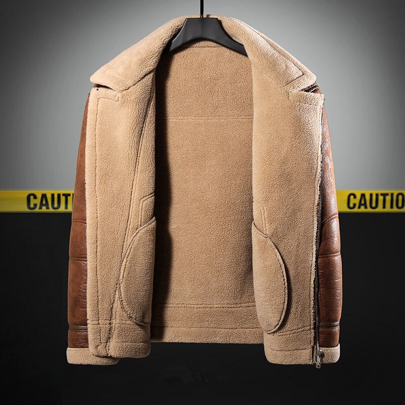 Mens Fur Integrated Winter Fleece-Lined Padded Wool Overcoat Brown Warm Leather Jacket Men Clothing