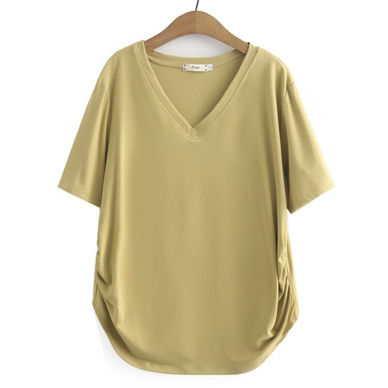 Women Summer Modal Double Face V-Neck Tees Side Fold Short Sleeve Tops Oversized Curve Clothes