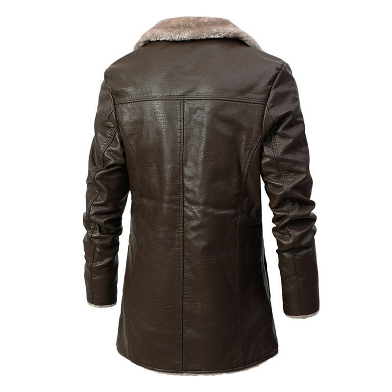 Mid-length Business Men‘s Leather Jacket Fleece Large Lapel Suit Plush Male Jacket Winter Warm Coats for Men