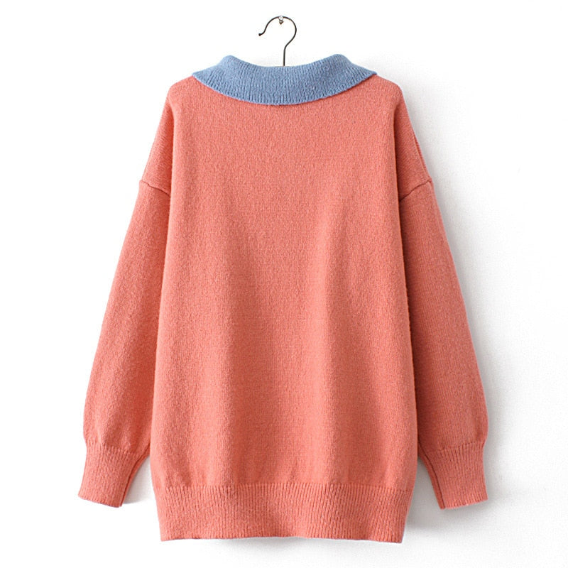 Woman Clothing LOOSE Knitted Pullover Letter Dobby Peter Pan Collar Curve Jumper Winter