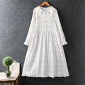 Autumn Women Sweet Embroidery Cotton Dress Long Sleeves Loose Midi Dress