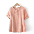 Women Clothing Cotton Jacquard Embroidery Button Tops Loose And Casual Curve Tee Summer