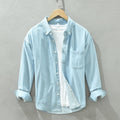 Men Blue Denim Shirt Long Sleeve Soft Cotton Pockets Loose Slight Elastic Jean Tops Male Cowboy Button Shirt