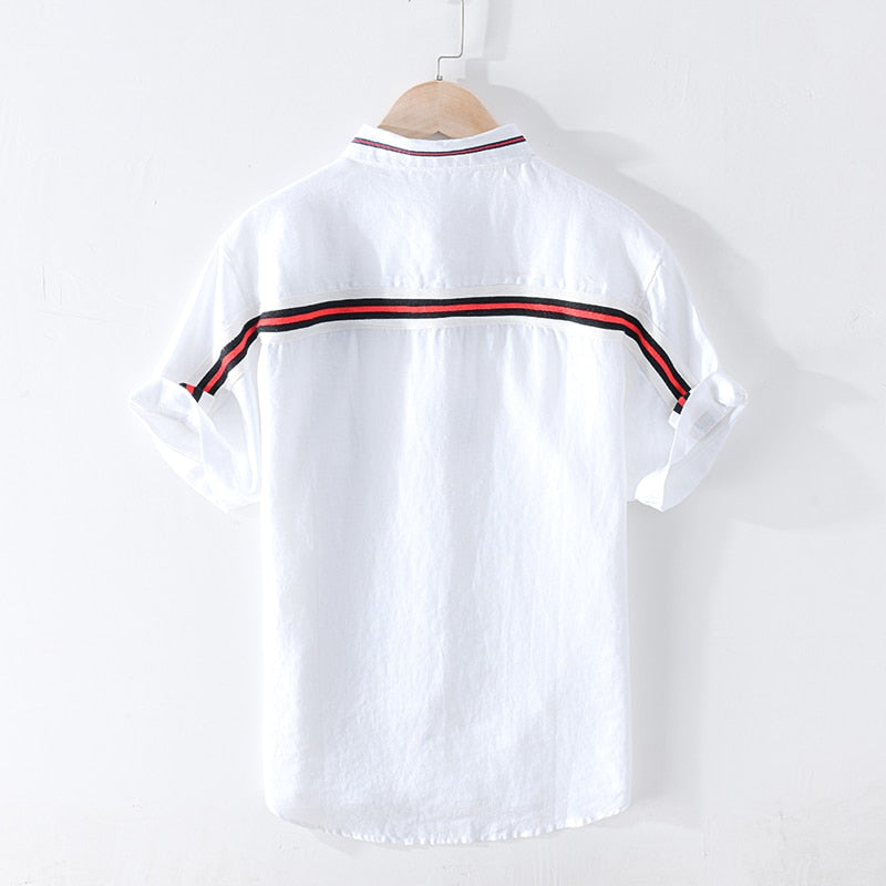 Pure Linen Summer Striped Shirts for Men Short Sleeve Patchwork Shirt Male