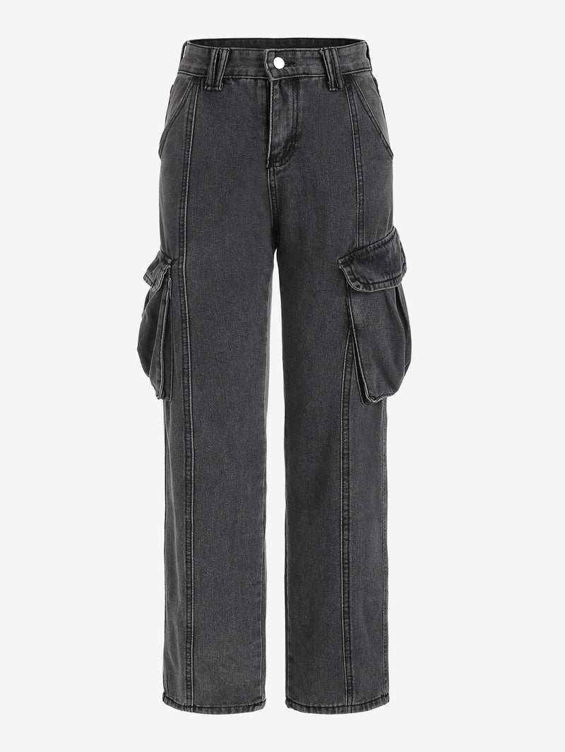 Faded Flap Pockets Tapered Cargo Pants Utility Jeans Women Zipper Fly Denim Bottoms