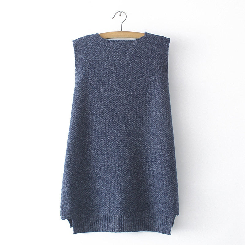 Women Navy Blue Sweater Vest LOOSE High Stretch Long Pullover Solid V-Neck Asymmetrical Length Pocket Curve Jumper