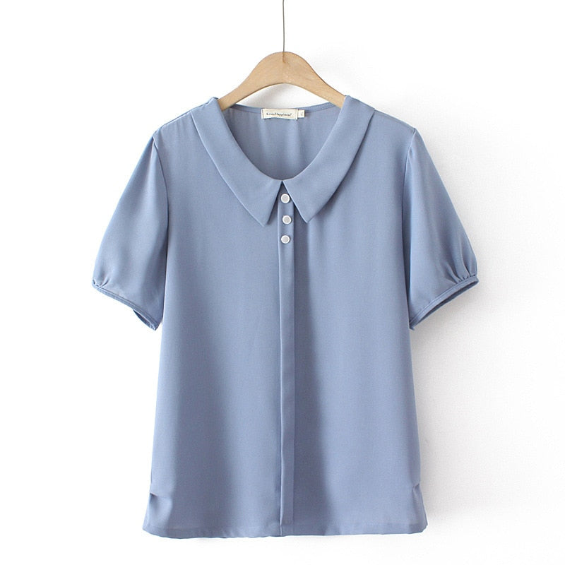 Shirt For Women Clothing Peter Pan Collar Ice Silk Puff Sleeve Curve  Tops Loose Blouses Summer