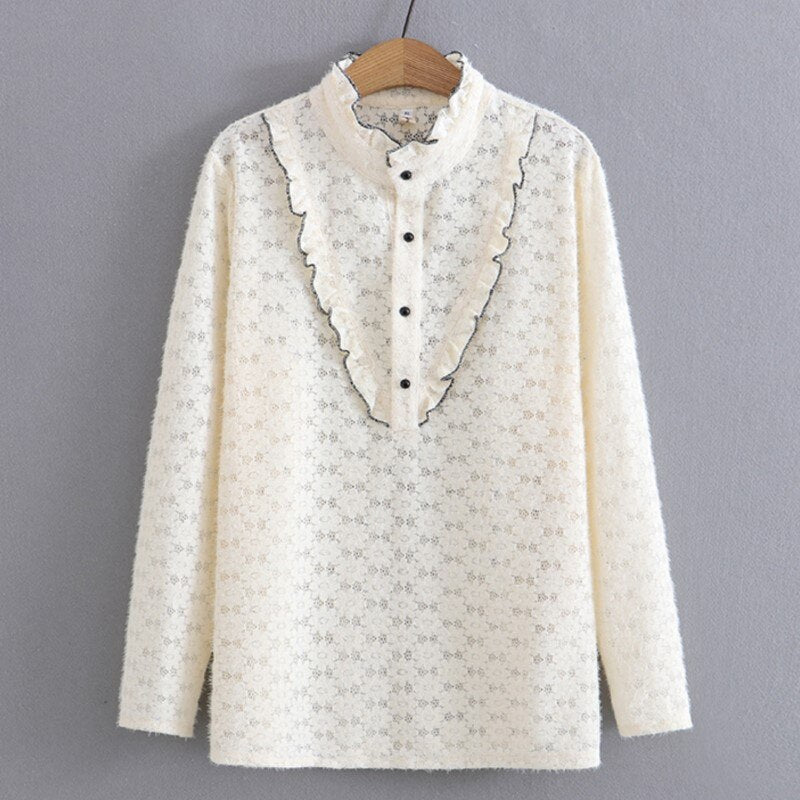 Blouse Women Spring Ruffled Collar Floral Lace Tops Loose Long Sleeve Style Shirts Curve Clothes