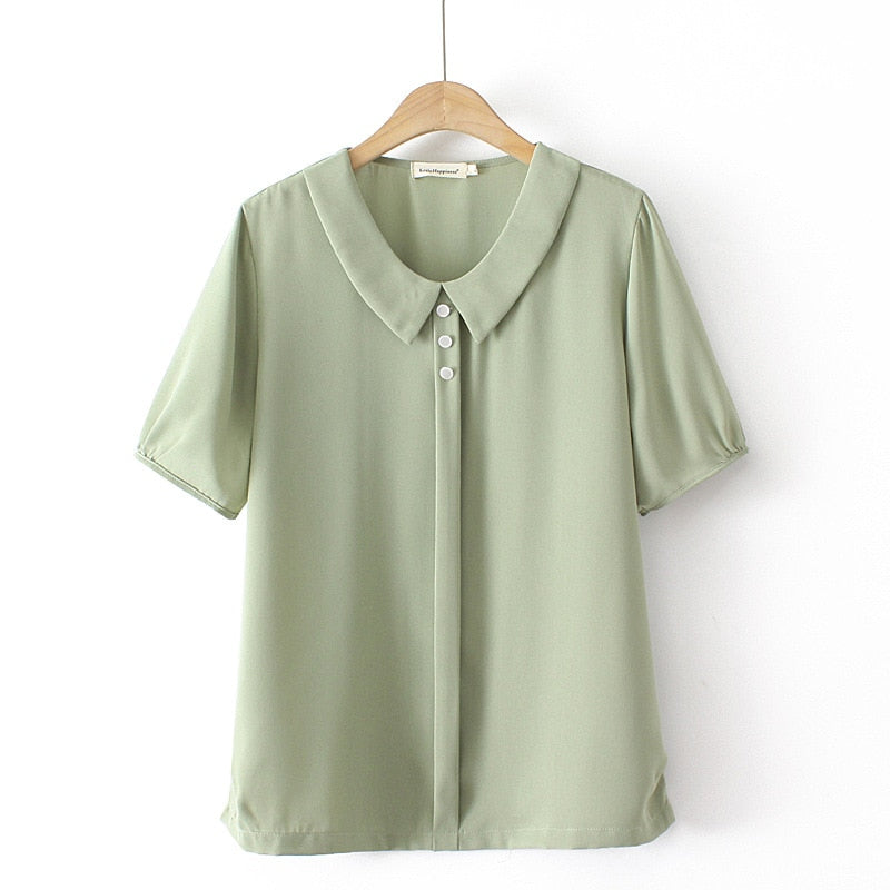 Shirt For Women Clothing Peter Pan Collar Ice Silk Puff Sleeve Curve  Tops Loose Blouses Summer