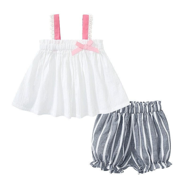 Summer Children Clothing Baby Girl Clothes Kids Suspender Dress Bow-knot Tops Stripe Shorts Two Piece Set Outing Infant Sets