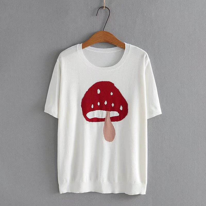 Women Clothing Dobby Ice Silk Tops Casual Mushroom Knitting Tees