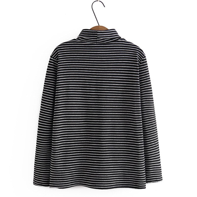 Women Clothing Autumn Winter Striped Long Sleeve Warm Thick Velvet Turtleneck