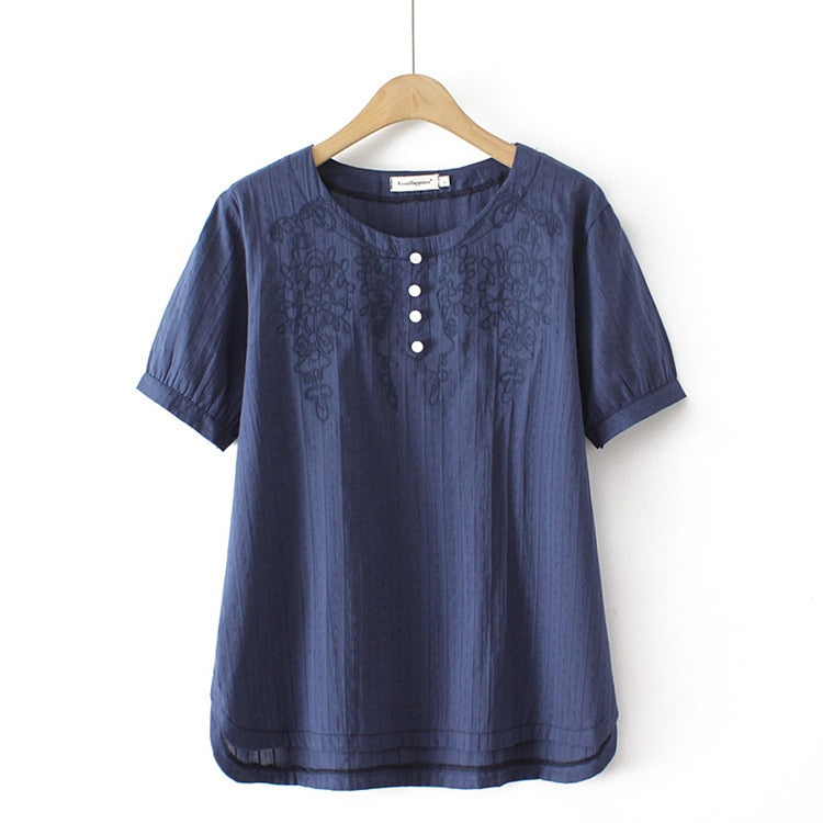 Women Clothing Cotton Jacquard Embroidery Button Tops Loose And Casual Curve Tee Summer