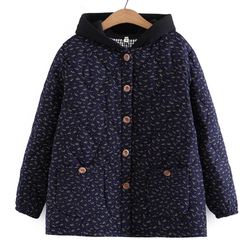 Women Parka Floral Thick Warm Hooded Medium-Length Cotton Jacket Winter Warm Clothing