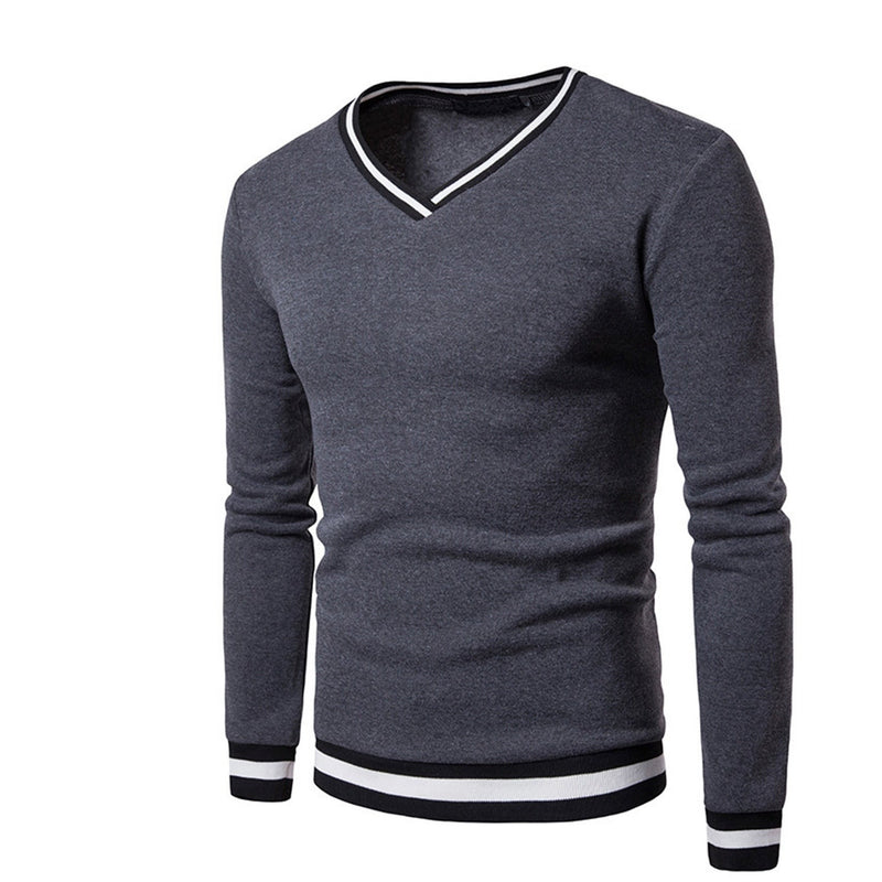 Mens Warm Clothing Contrast Color Striped Hem V Neck Pullover Casual Winter Autumn Sweatshirt Long Sleeve Slim Fit T-shirt