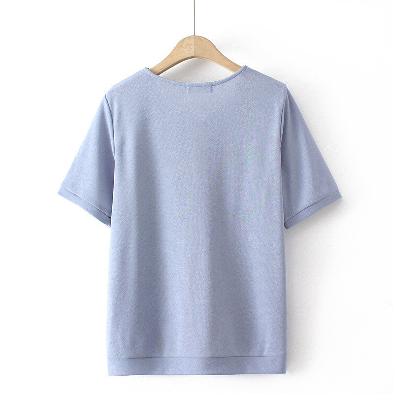 Women Clothing Fashion Embroidered Ice Silk Knitting Tops Loose And Casual Curve Tees Summer