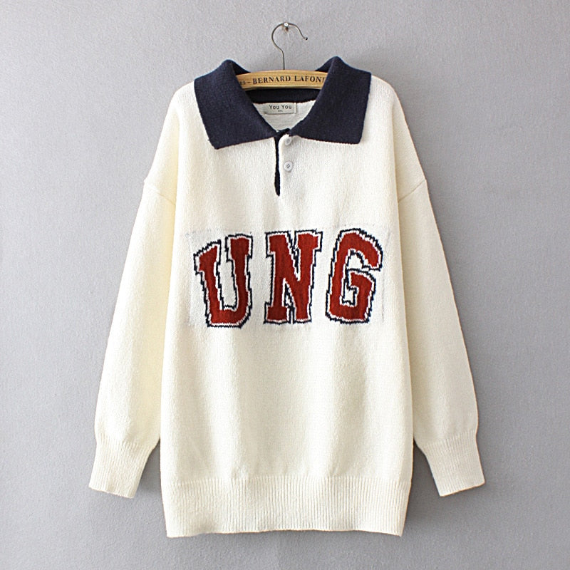 Woman Clothing LOOSE Knitted Pullover Letter Dobby Peter Pan Collar Curve Jumper Winter