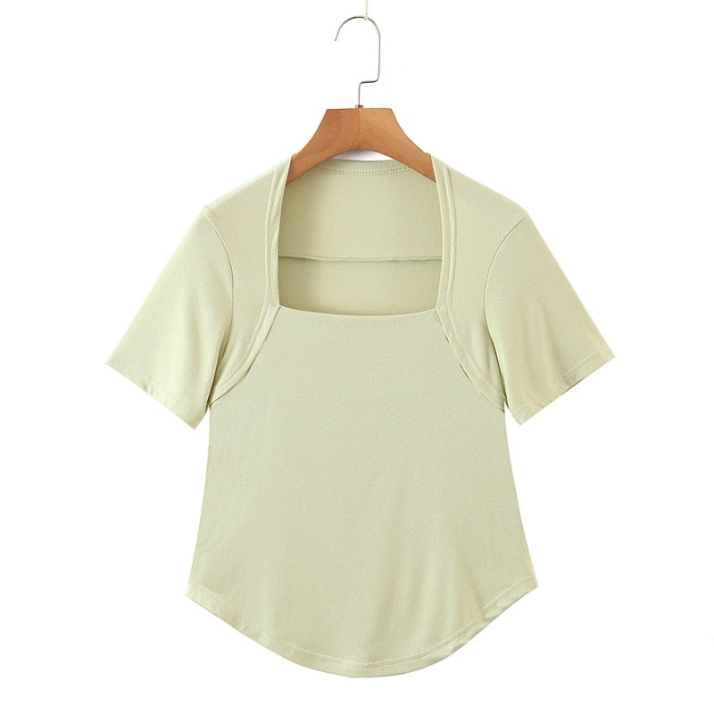 Women Elegant Show Collarbone Square Collar Tops French Slim Short Sleeve Tee Summer