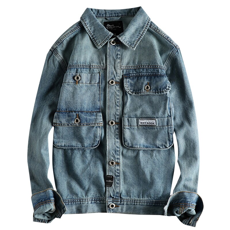 Denim jacket mens spring and autumn work clothes three-dimensional pocket youth cardigan coat