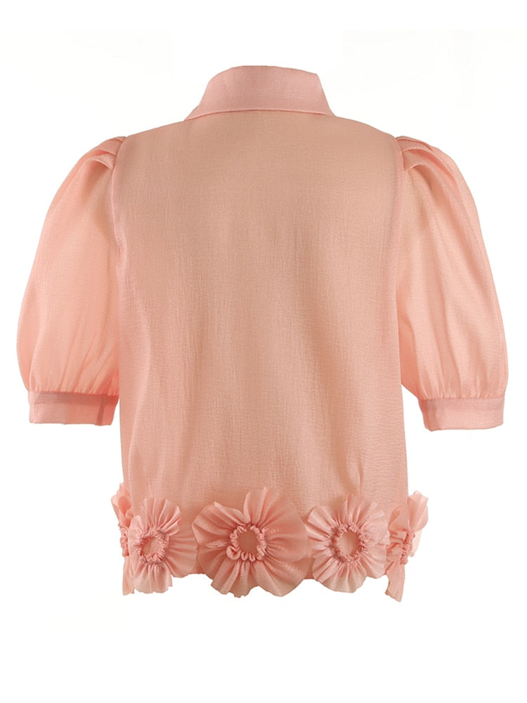 Women Apricot Flower Thin Elegant Blouse Lapel Short Puff Sleeve Loose Fit Shirt Spring