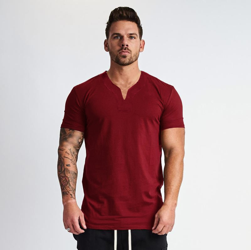 Summer V neck Short Sleeve Men T shirt Slim Fit t-shirt Men Skinny Casual Gym Clothing Fitness