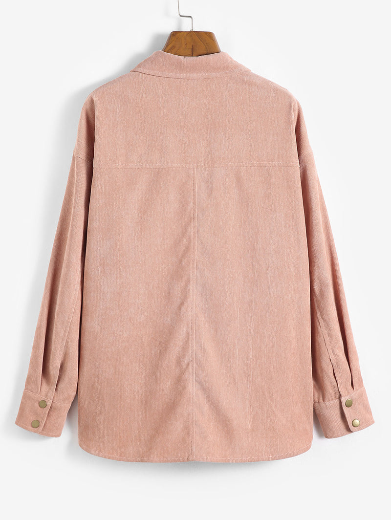 High Low Flap Details Corduroy Shacket Female Long Sleeve Single Breasted Shirt Jacket Spring