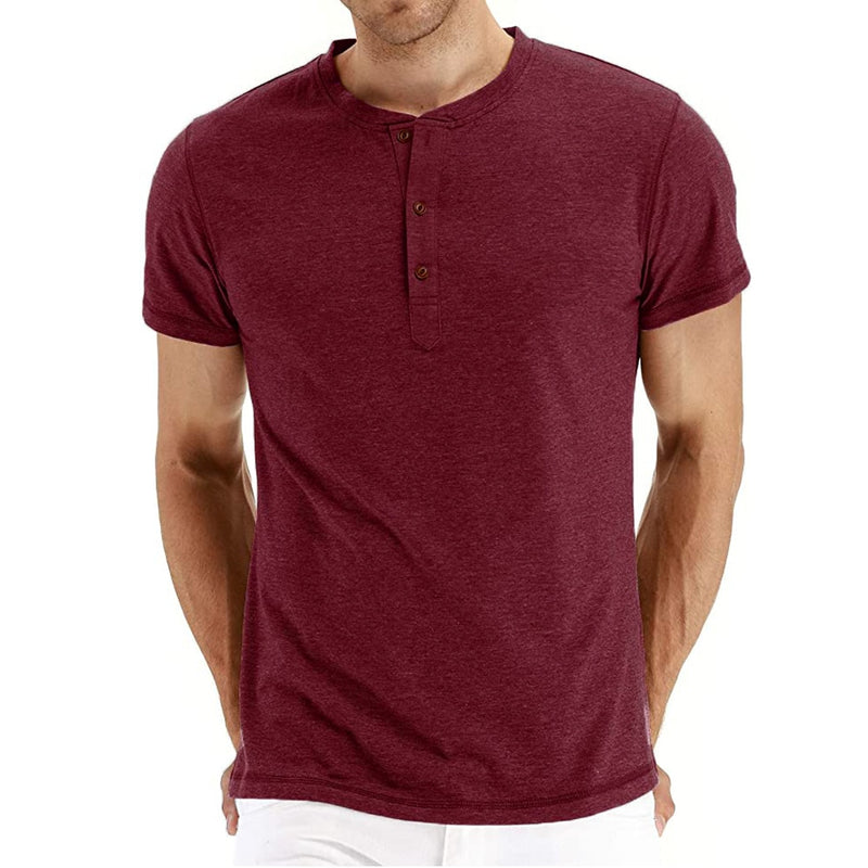 Men T-shirt Henry Neck Design Slim Fit Solid T-shirts Male Tops Tees Short Sleeve T Shirt For Men