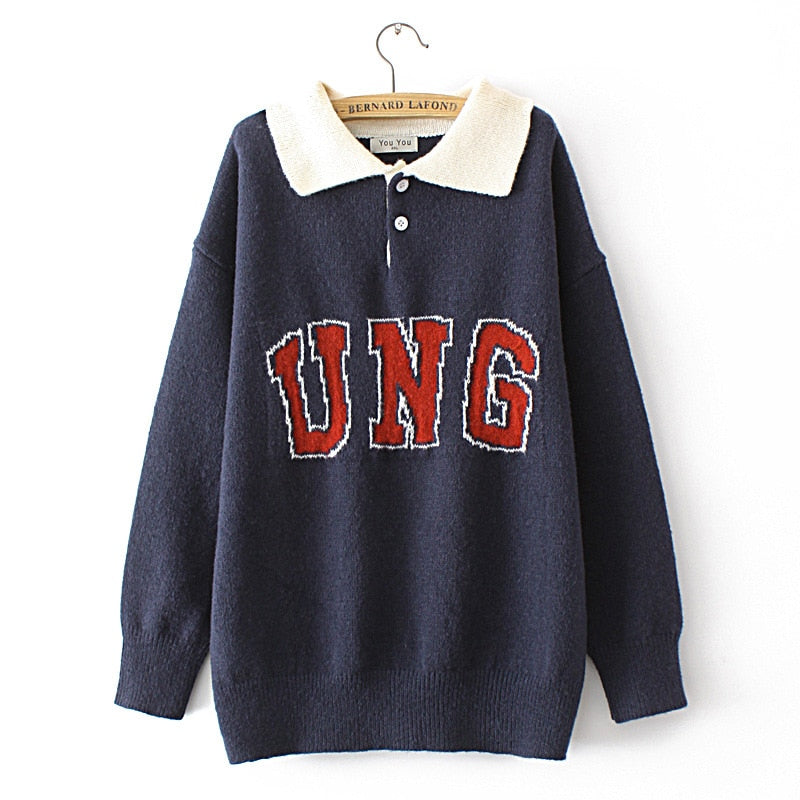 Woman Clothing LOOSE Knitted Pullover Letter Dobby Peter Pan Collar Curve Jumper Winter