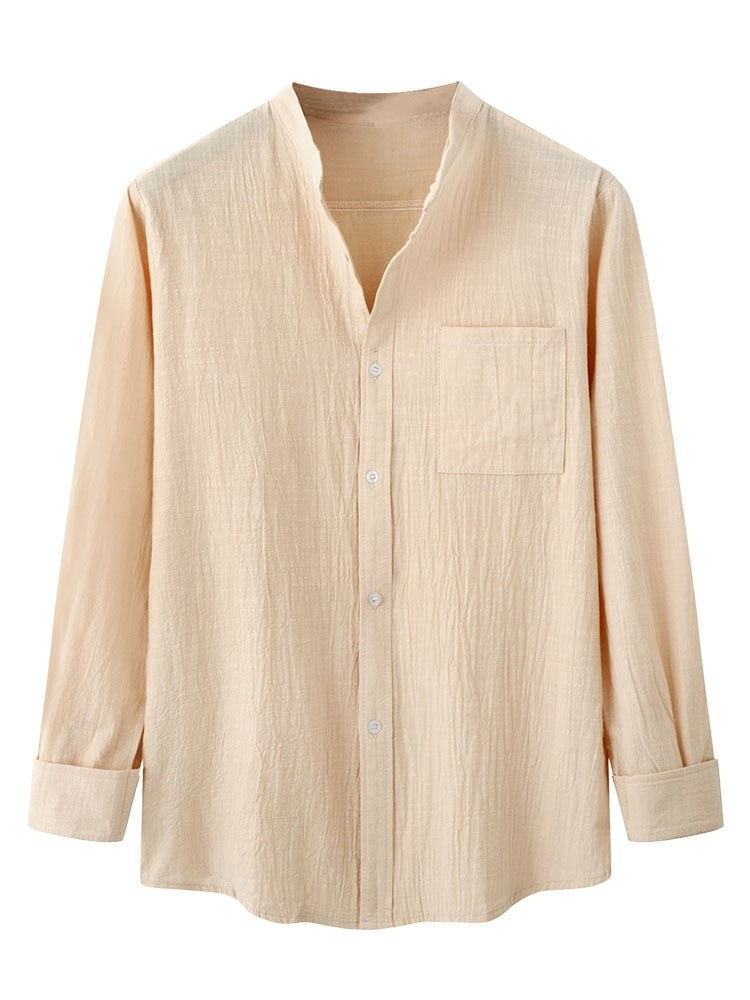 Mens Shirts Solid Long Sleeve Blouse Non-Stretch Fabric Linen Texture Tops Stand Collar with Patch Pocket