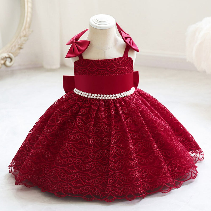 Flower Girl Dress for Weddings Party Kids Sleeveless Beading Ball Gowns with Big Bow Children Girls Elegant Cute Formal Costumes