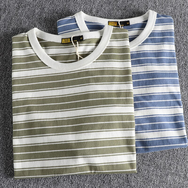 summer striped cotton short-sleeved men T-shirt simple youth half-sleeve bottom top