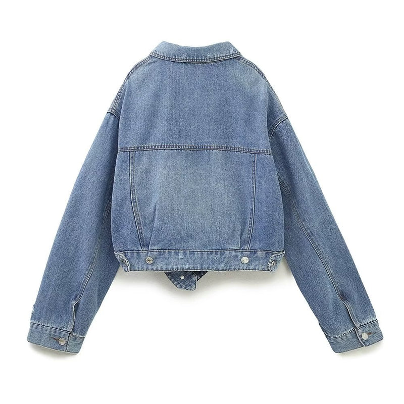 High Street Burrs Sashes Washed Loose Denim Jacket Coat Women