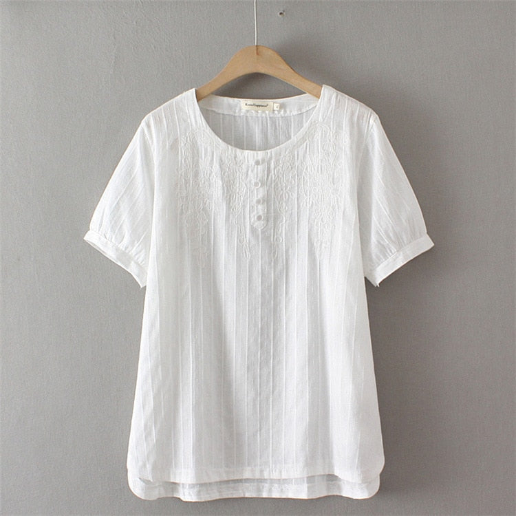 Women Clothing Cotton Jacquard Embroidery Button Tops Loose And Casual Curve Tee Summer